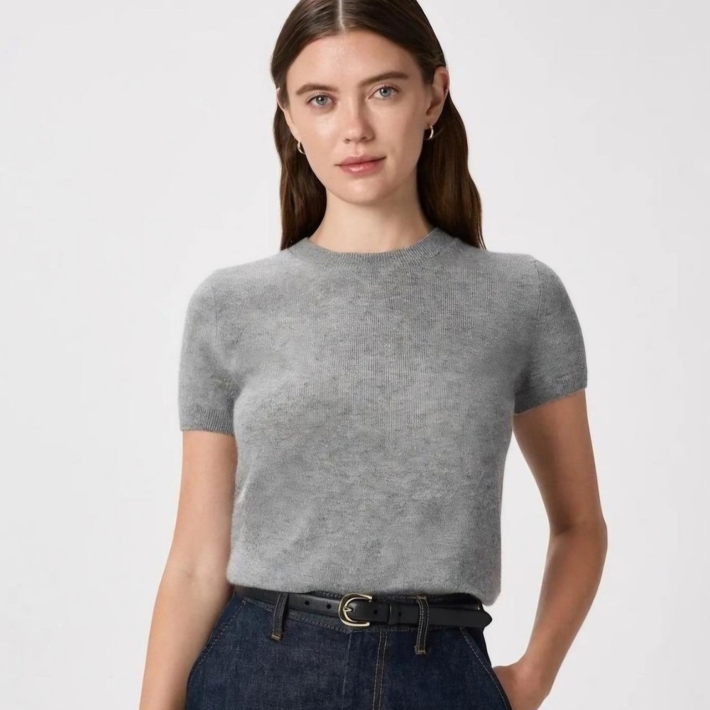 Quince Mongolian Cashmere Tee Heather Grey Short Sleeve Crew Neck Sweater Small